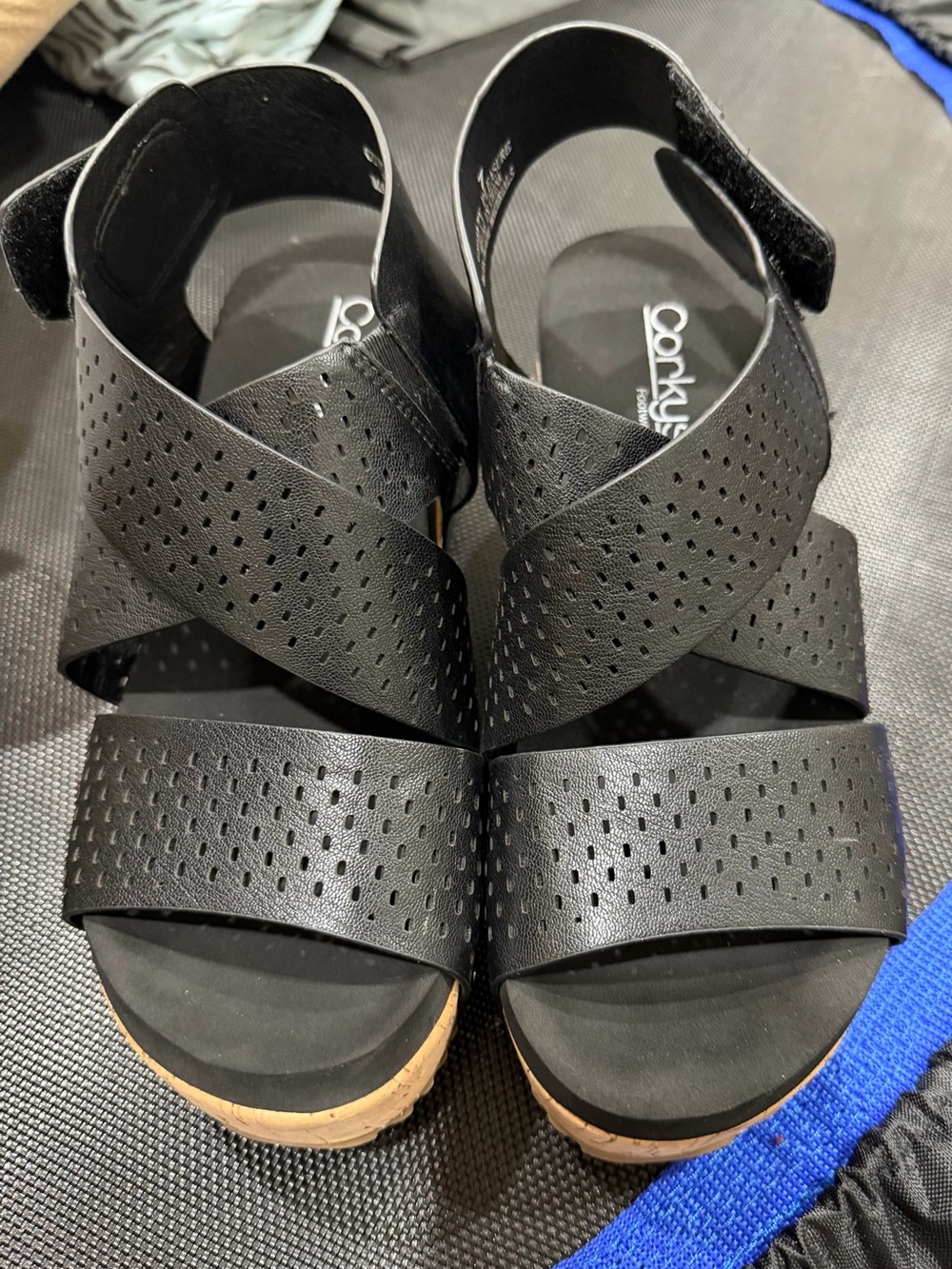 Corkys Black Perforated Crisscross Wedge Sandals